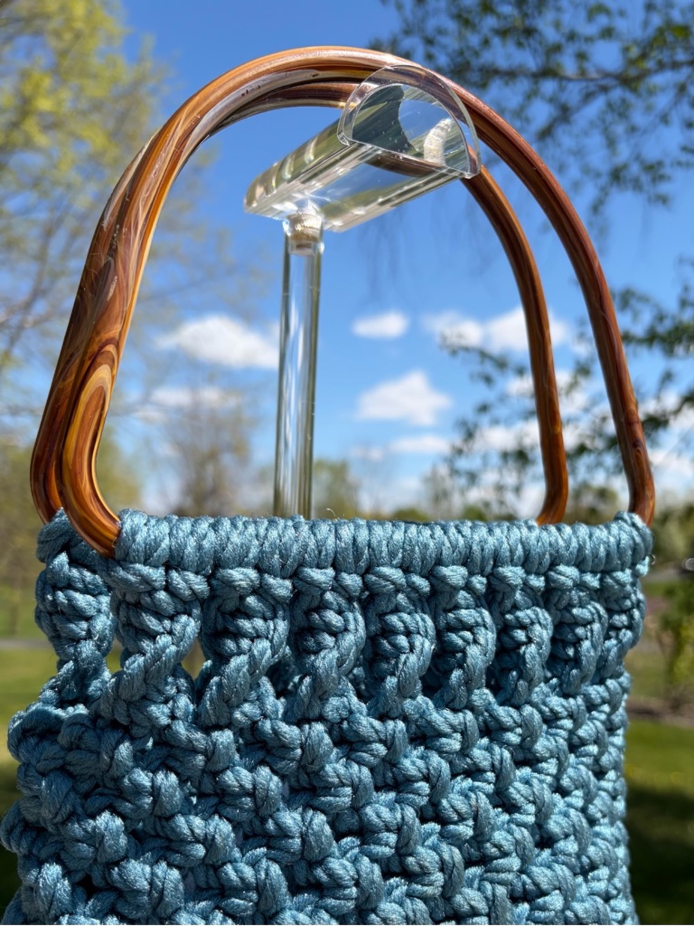 Vintage Macrame Handbag Blue Nylon Handmade EUC - Picture 3 of 11